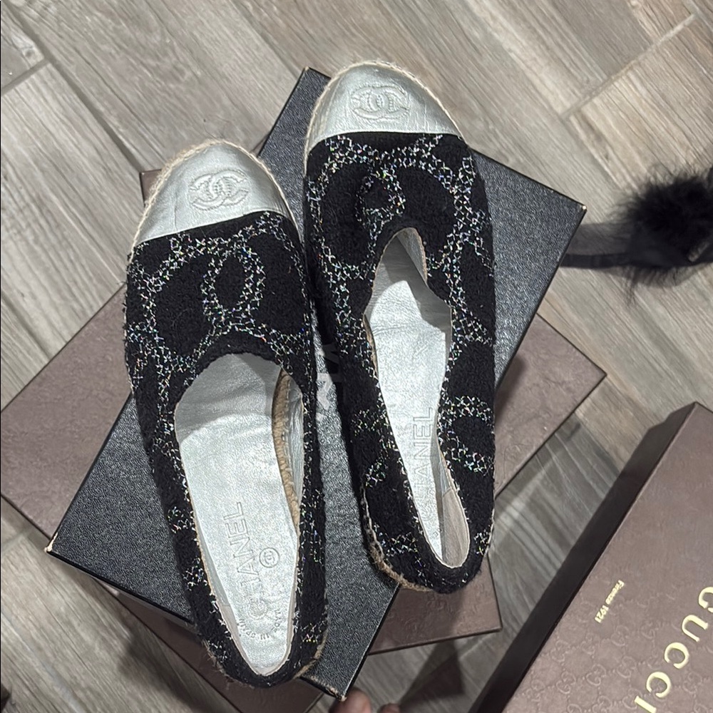 CHANEL Black Espadrilles with Elegant Lace Design